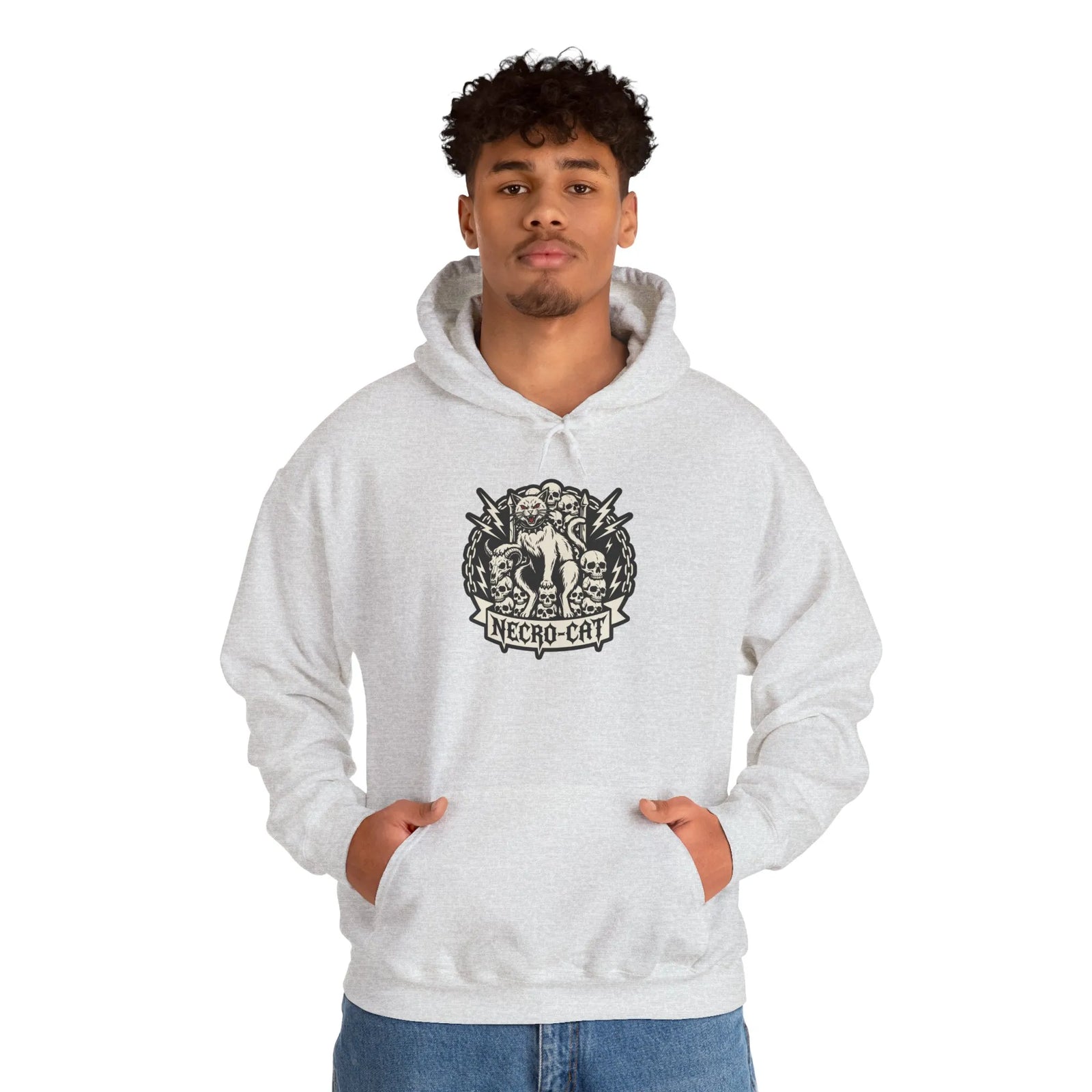 Necro-Cat Skull Throne Graphic Hoodie - Heavyweight Cotton Blend Pullover - Unisex White