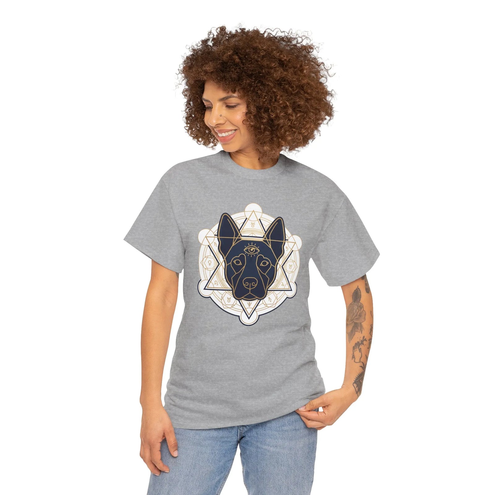 Third Eye Spirit Dog Sacred Geometry T-Shirt - Heavyweight Cotton Classic Fit Tee - Unisex White