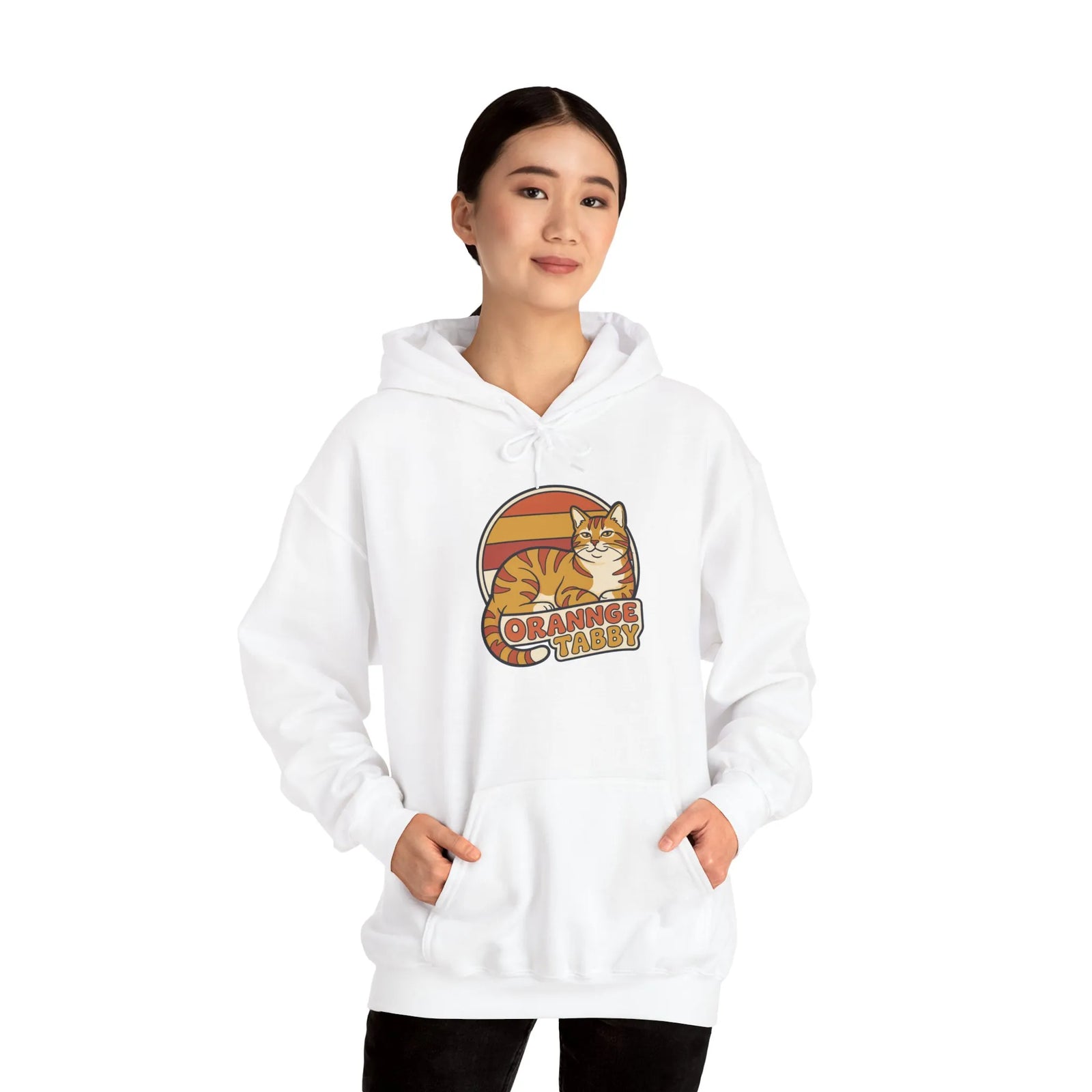 Orange Tabby Retro 70s Sunset Hoodie - Cozy Cotton Blend Pullover - Unisex White