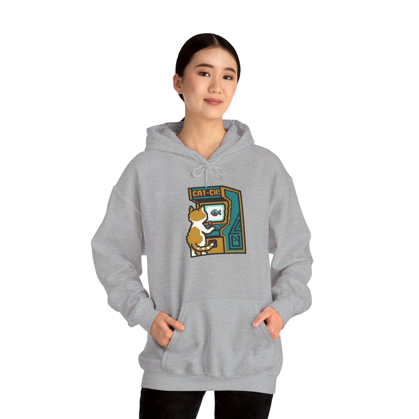 Arcade Gaming Pixel Cat Hoodie - Classic Fit Cotton Blend Pullover - Unisex White