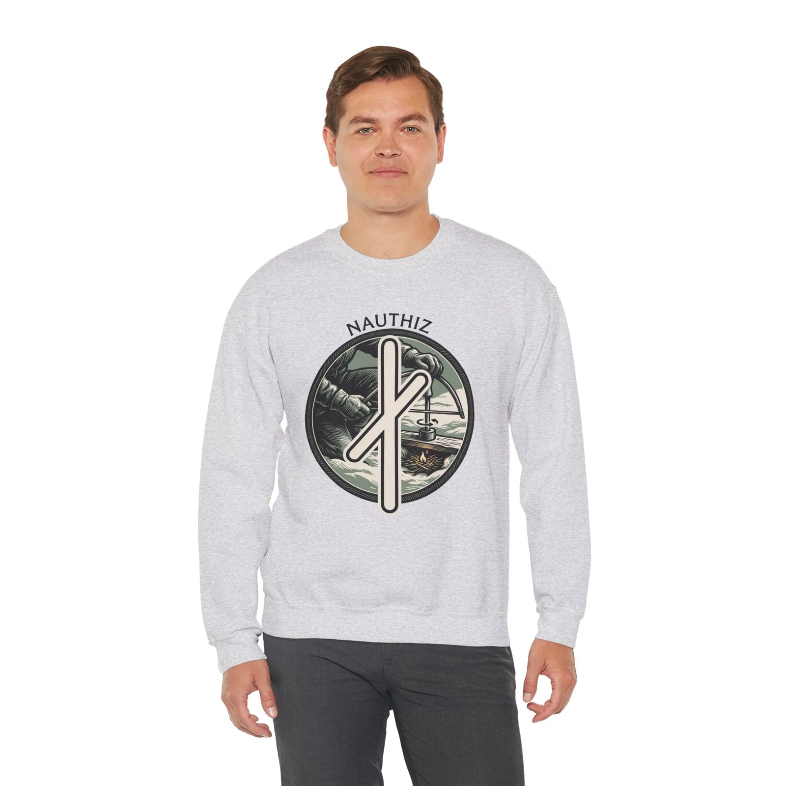Nauthiz Rune Need-Fire Sweatshirt - Heavy Blend Fleece Crewneck - Unisex White