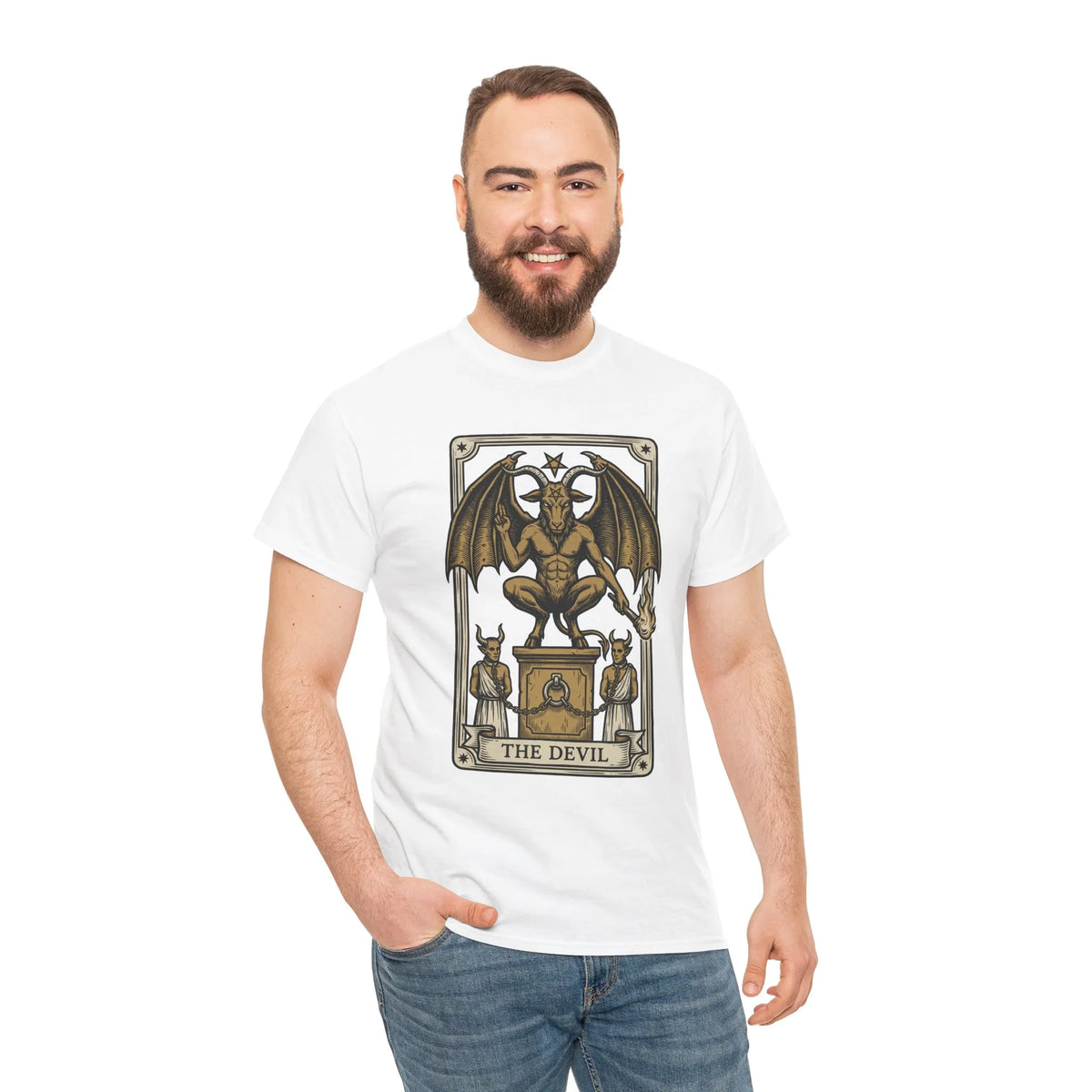 The Devil Tarot Card Graphic T-Shirt - Heavy Cotton Classic Fit Tee - Unisex White