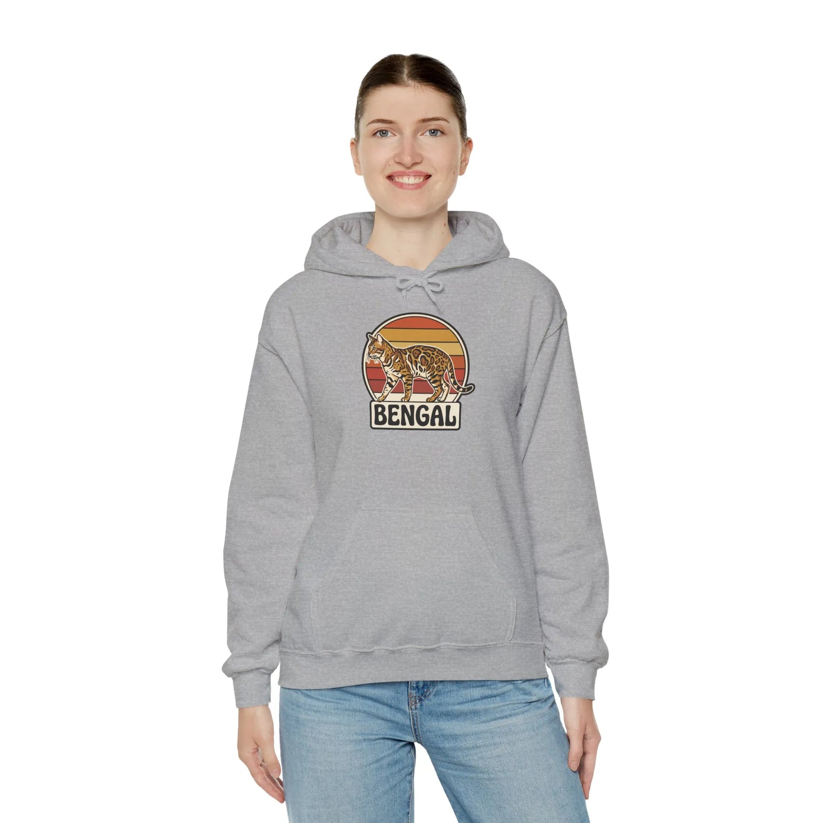 Retro 70s Sunset Bengal Cat Hoodie - Cozy Fleece Blend Pullover - Unisex Ash