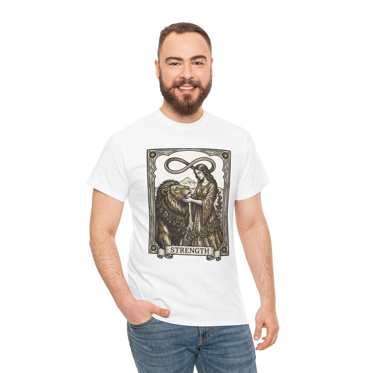 Tarot Strength Card Graphic T-Shirt - Heavy Cotton Classic Fit Crewneck - Unisex White