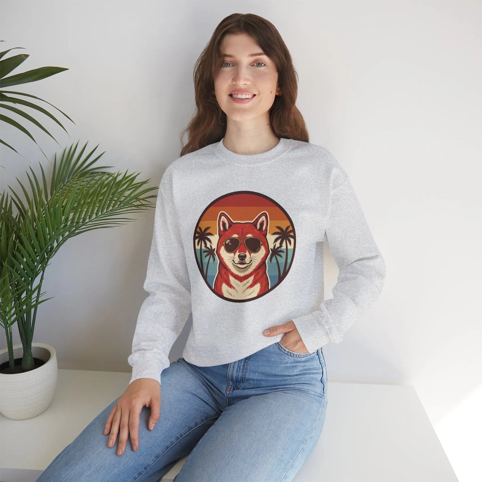 Shiba Inu Cool Dog 70s Sunset Sweatshirt - Heavy Blend Fleece Crewneck - Unisex White