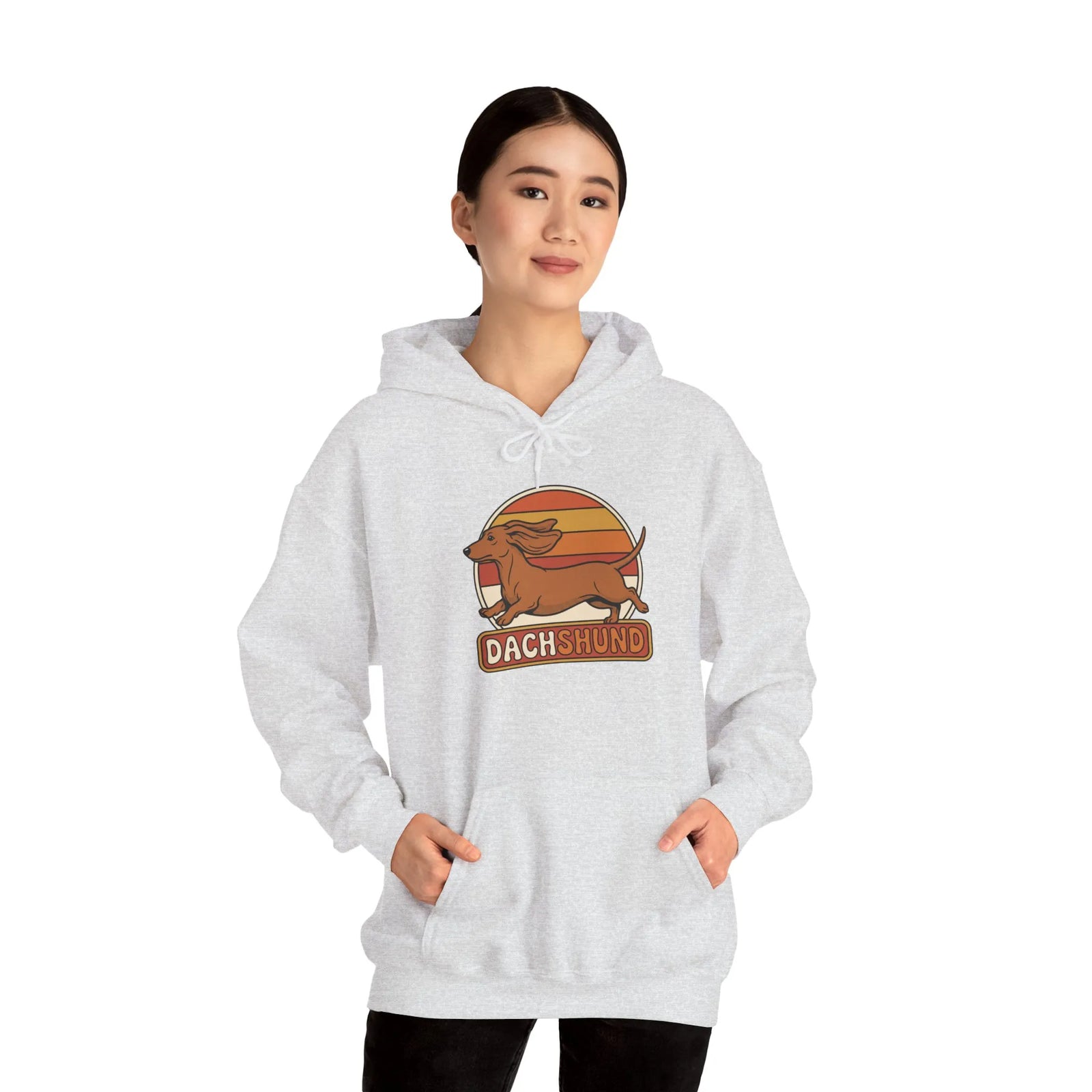 Dachshund Retro 70s Sunset Hoodie - Classic Fit Fleece Pullover - Unisex White