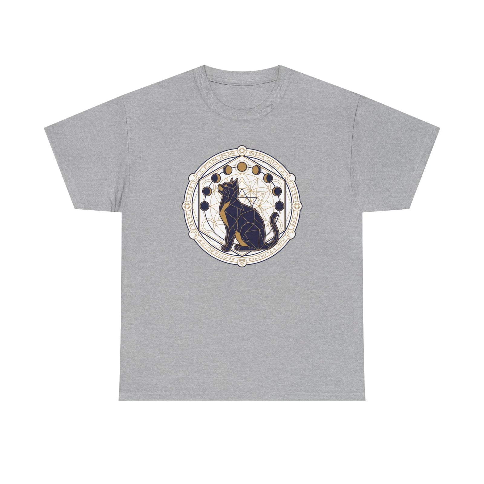 Moon Phases Sacred Geometry Cat Graphic T-Shirt - Heavy Cotton Classic Fit Tee - Unisex White