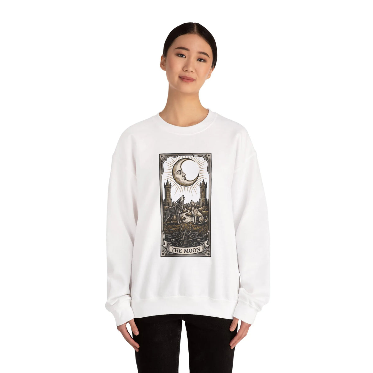 Moon Tarot Card Wolves Graphic Sweatshirt - Heavy Blend Fleece Crewneck - Unisex White