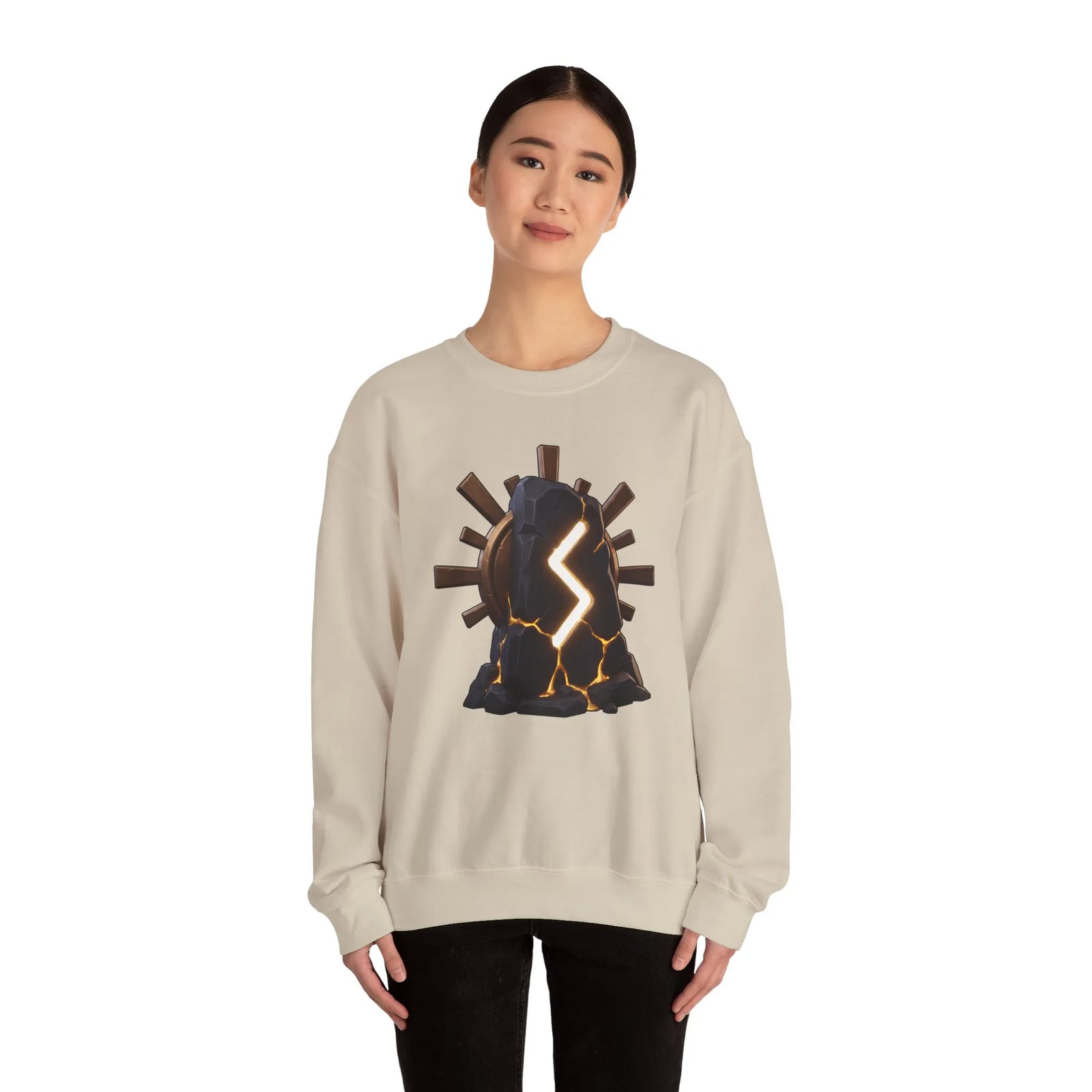 Sowulo Rune Sun Graphic Sweatshirt - Classic Fit Fleece Crewneck - Unisex White