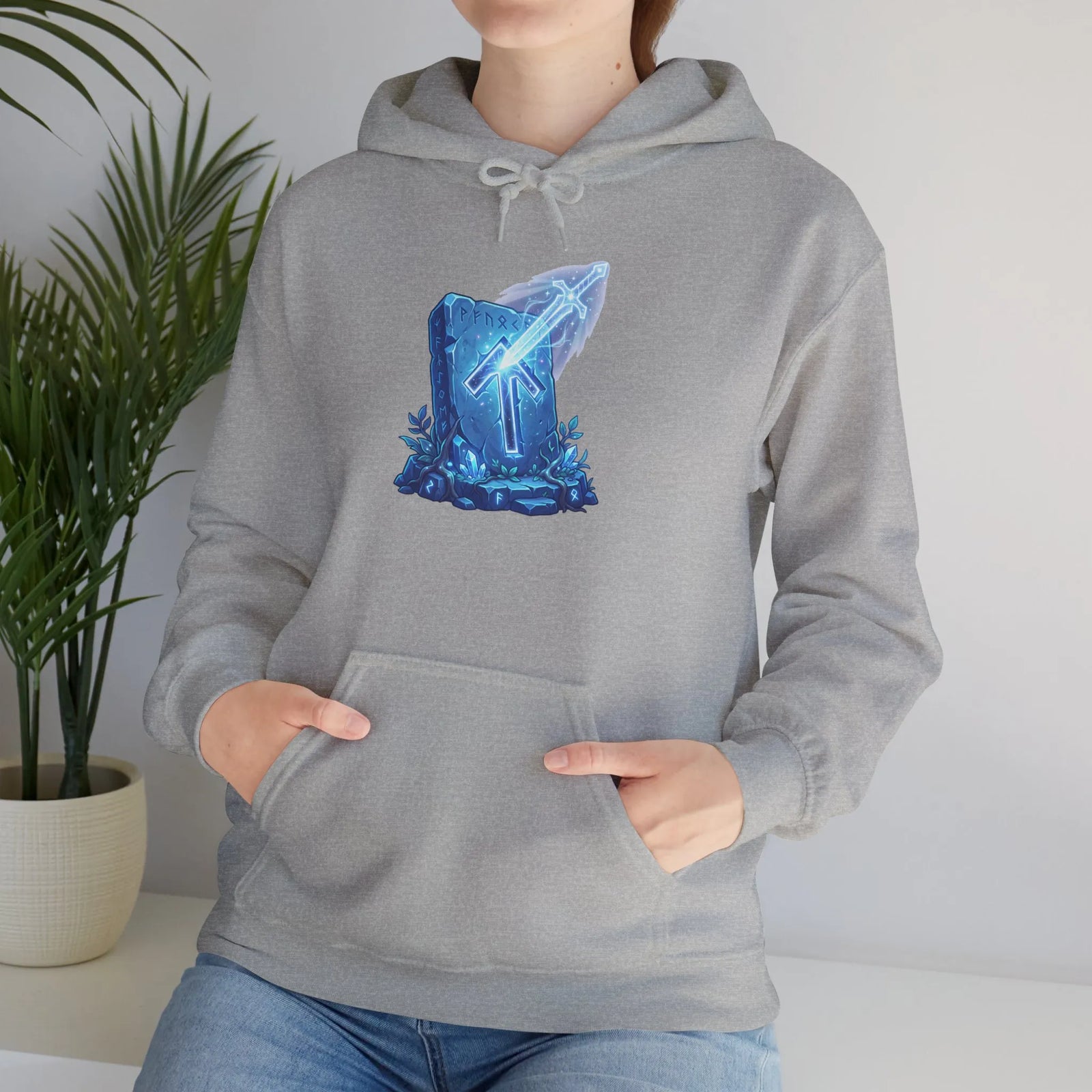 Tiwaz Tyr Sword Graphic Hoodie - Classic Fit Pouch Pocket Fleece - Unisex White