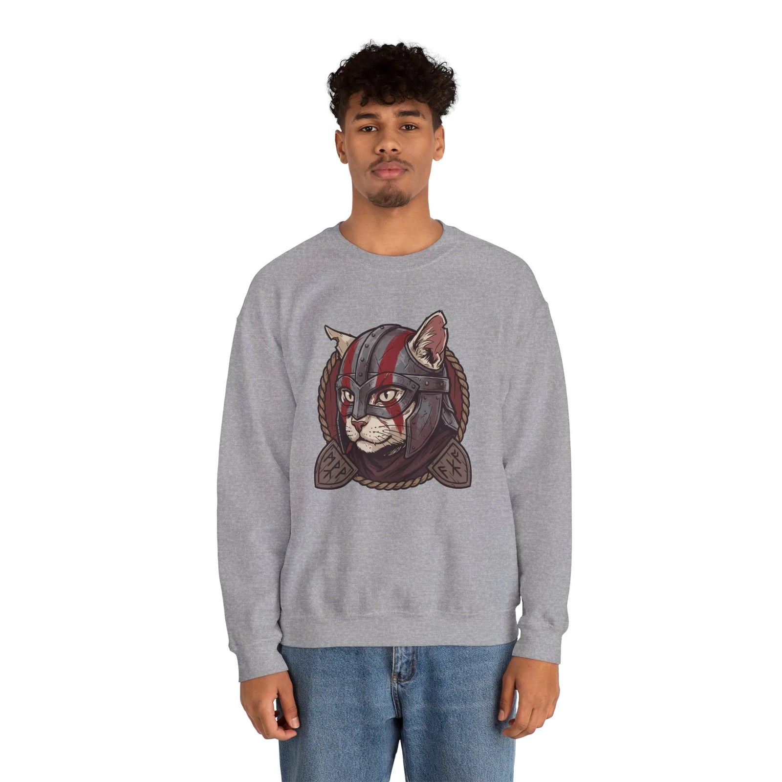 Viking Berserker Cat Graphic Sweatshirt - Heavy Blend Fleece Crewneck - Unisex White