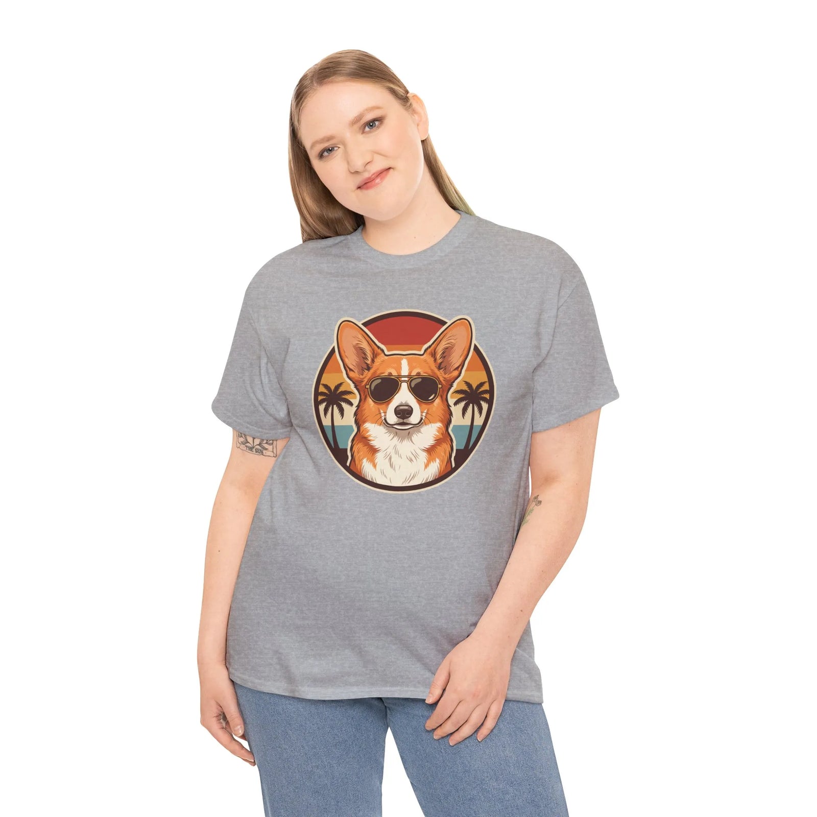 Cool Corgi Aviator Sunset T-Shirt - Heavy Cotton Classic Fit Tee - Unisex White