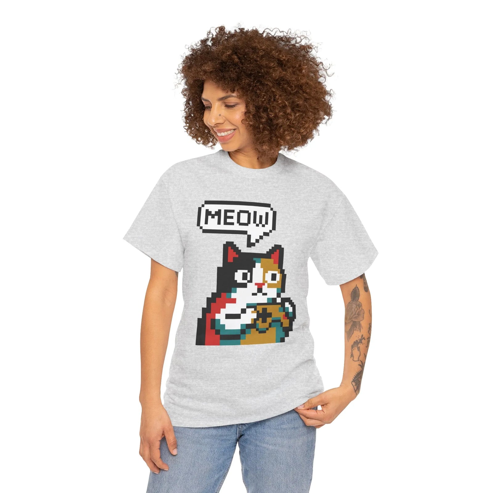 Player One 8-Bit Pixel Gaming Cats T-Shirt - Heavyweight 100% Cotton Tee - Unisex White