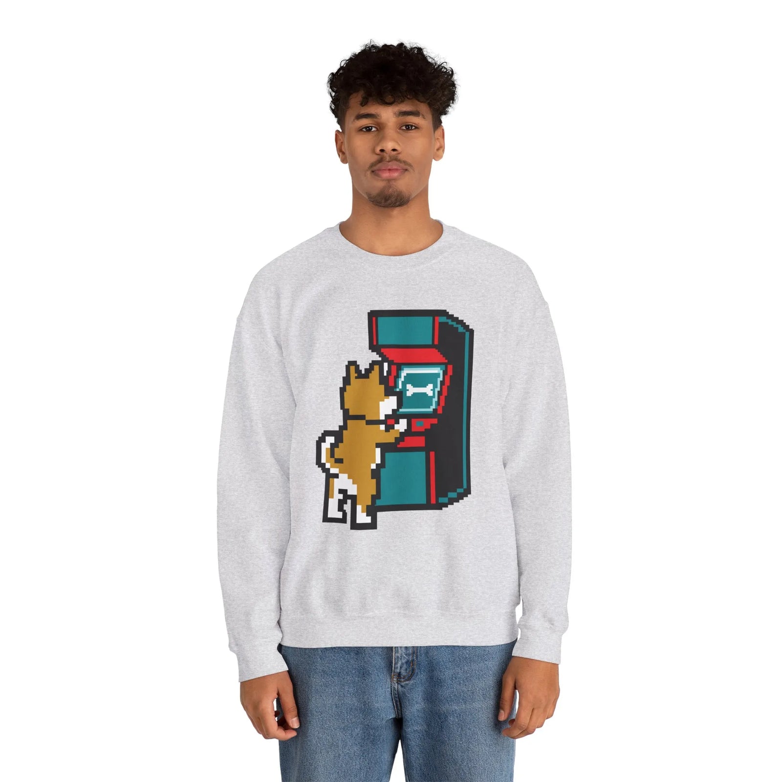 8-Bit Pixel Gaming Dog Sweatshirt - Classic Fit Fleece Crewneck - Unisex White