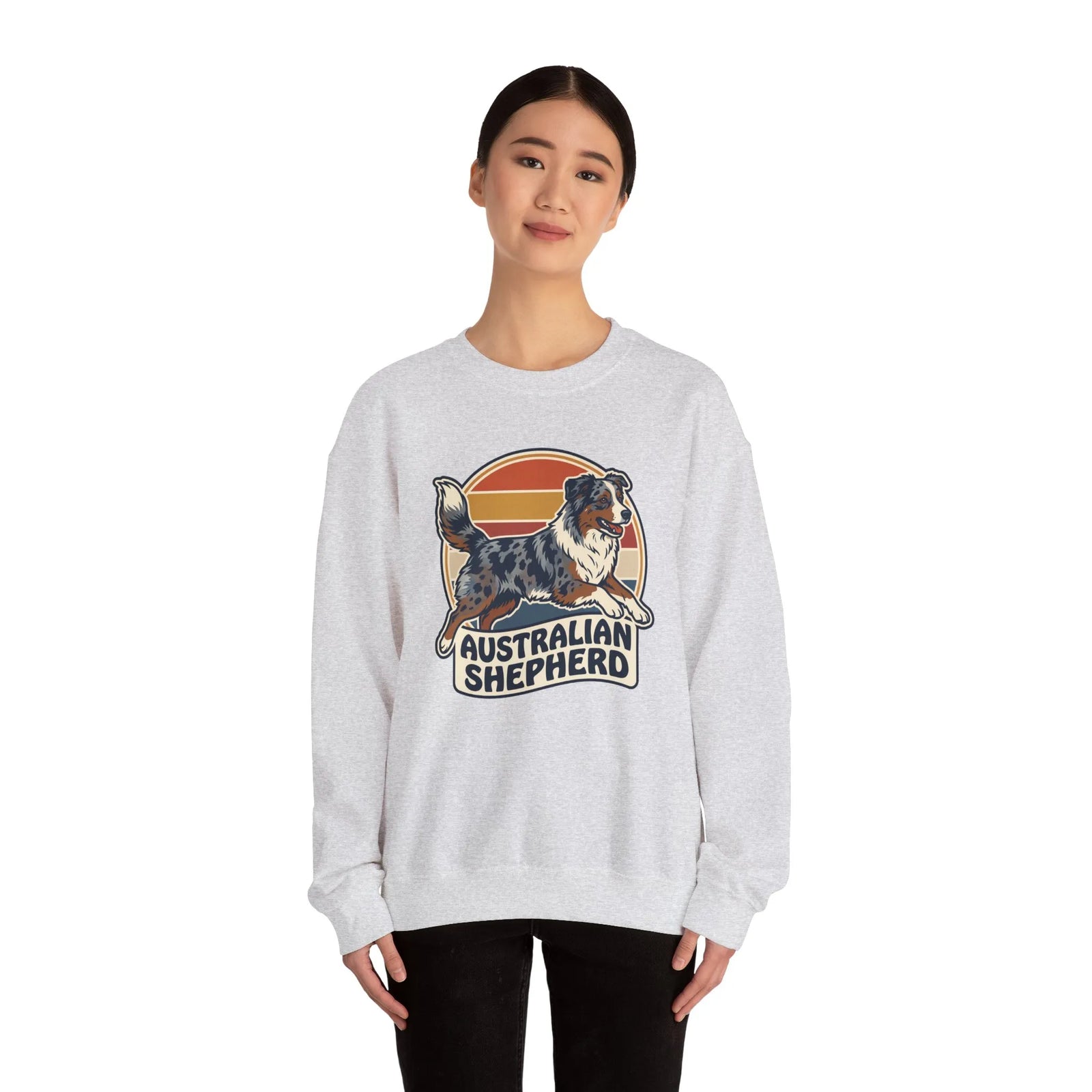 Australian Shepherd Retro 70s Sunset Sweatshirt - Heavy Blend Cotton Poly Crewneck - Unisex White
