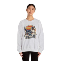 Australian Shepherd Retro 70s Sunset Sweatshirt - Heavy Blend Cotton Poly Crewneck - Unisex White