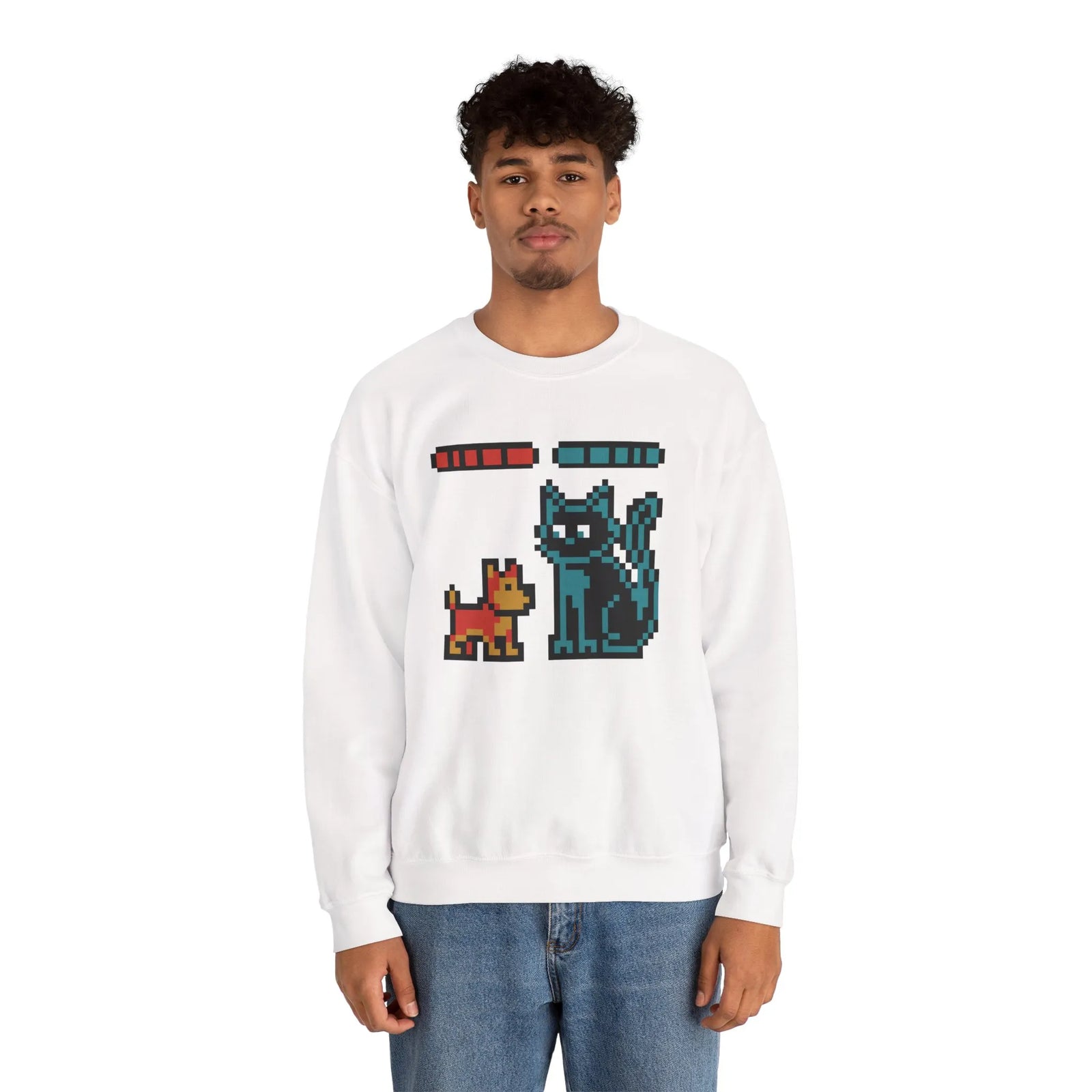 Pixel Gaming Dogs Boss Fight Sweatshirt - Heavy Blend Fleece Crewneck - Unisex White