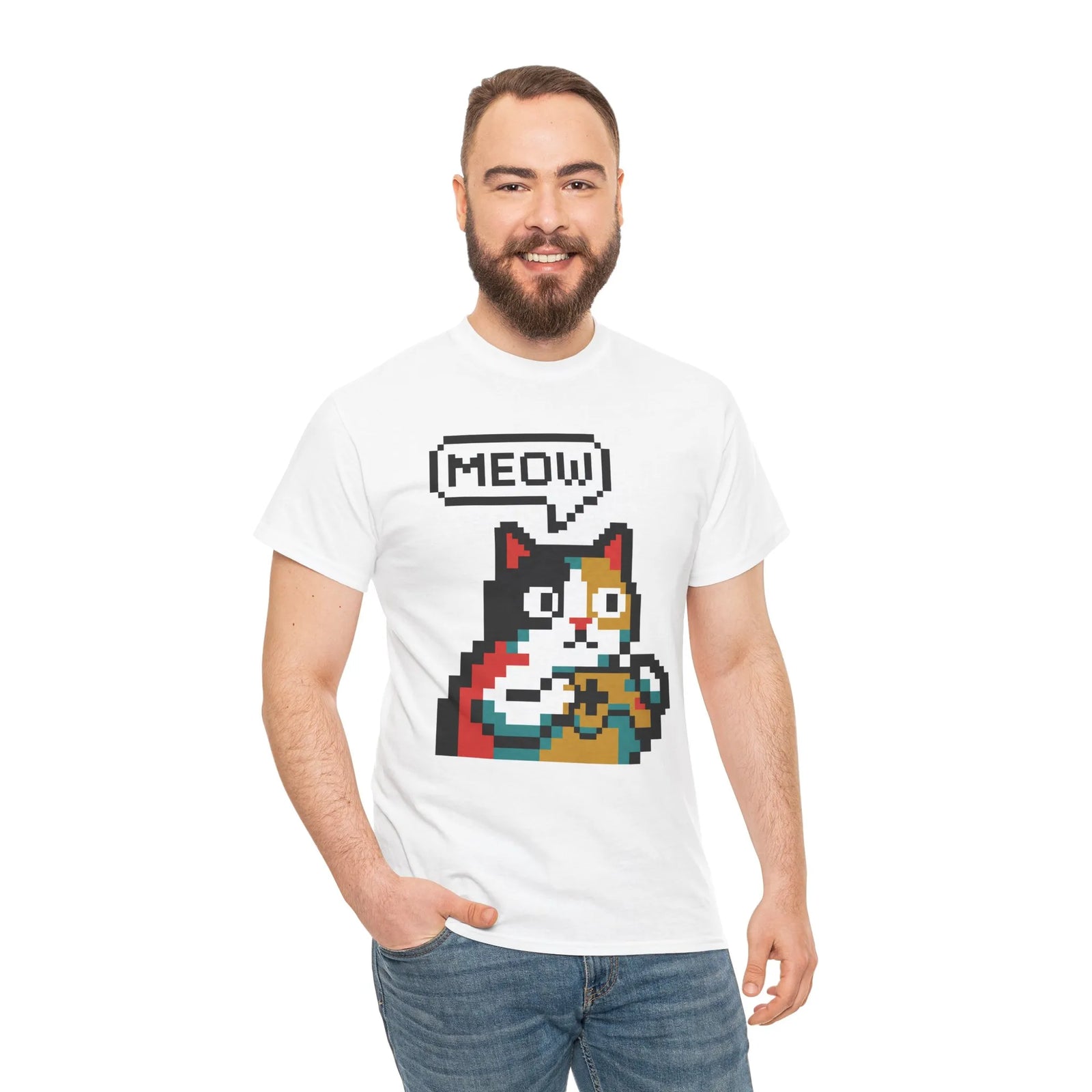 Player One 8-Bit Pixel Gaming Cats T-Shirt - Heavyweight 100% Cotton Tee - Unisex White
