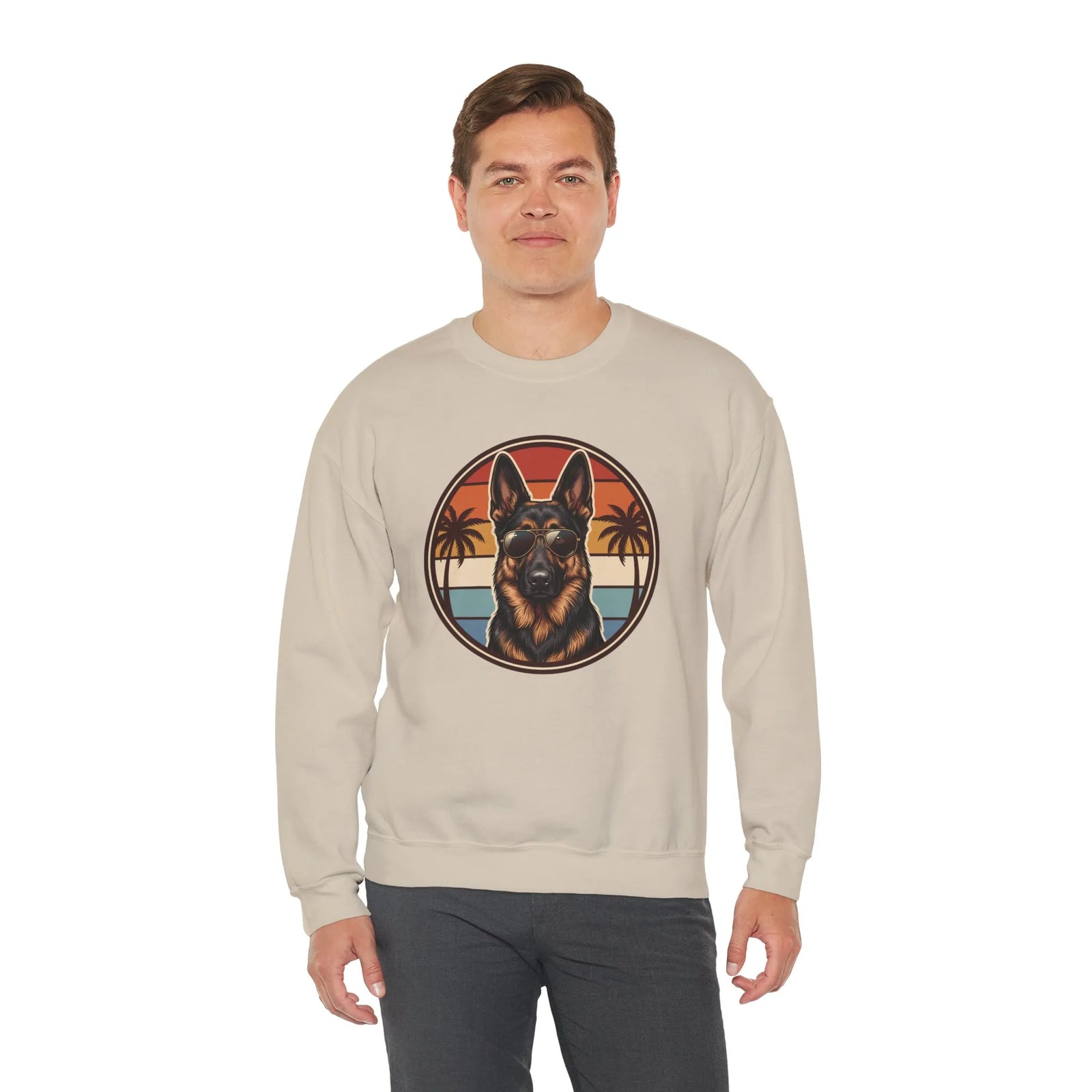 German Shepherd 70s Sunset Aviators Sweatshirt - Heavy Blend Cotton-Poly Crewneck - Unisex White