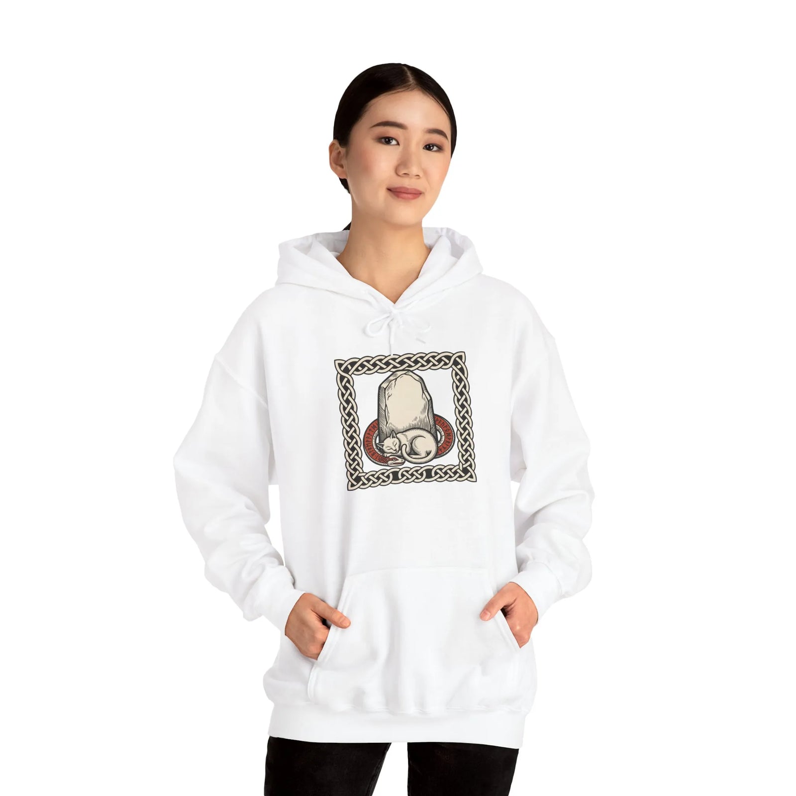 Runestone Cat Norse Woodcut Hoodie - Soft Cotton Blend Fleece Pullover - Unisex White