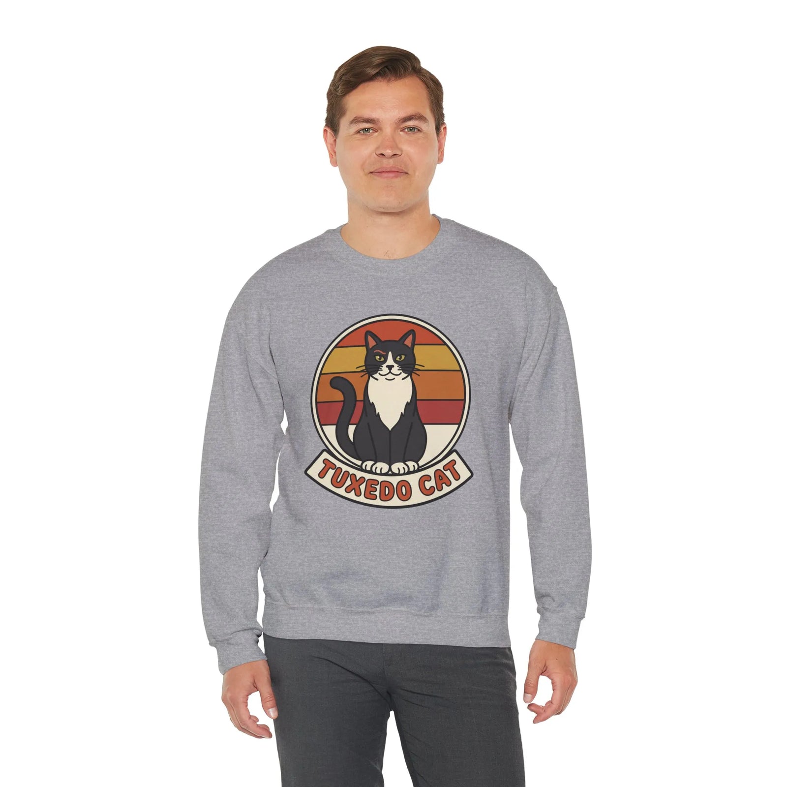 Tuxedo Cat Retro Sunset Sweatshirt - Heavy Blend Fleece Crewneck - Unisex Ash