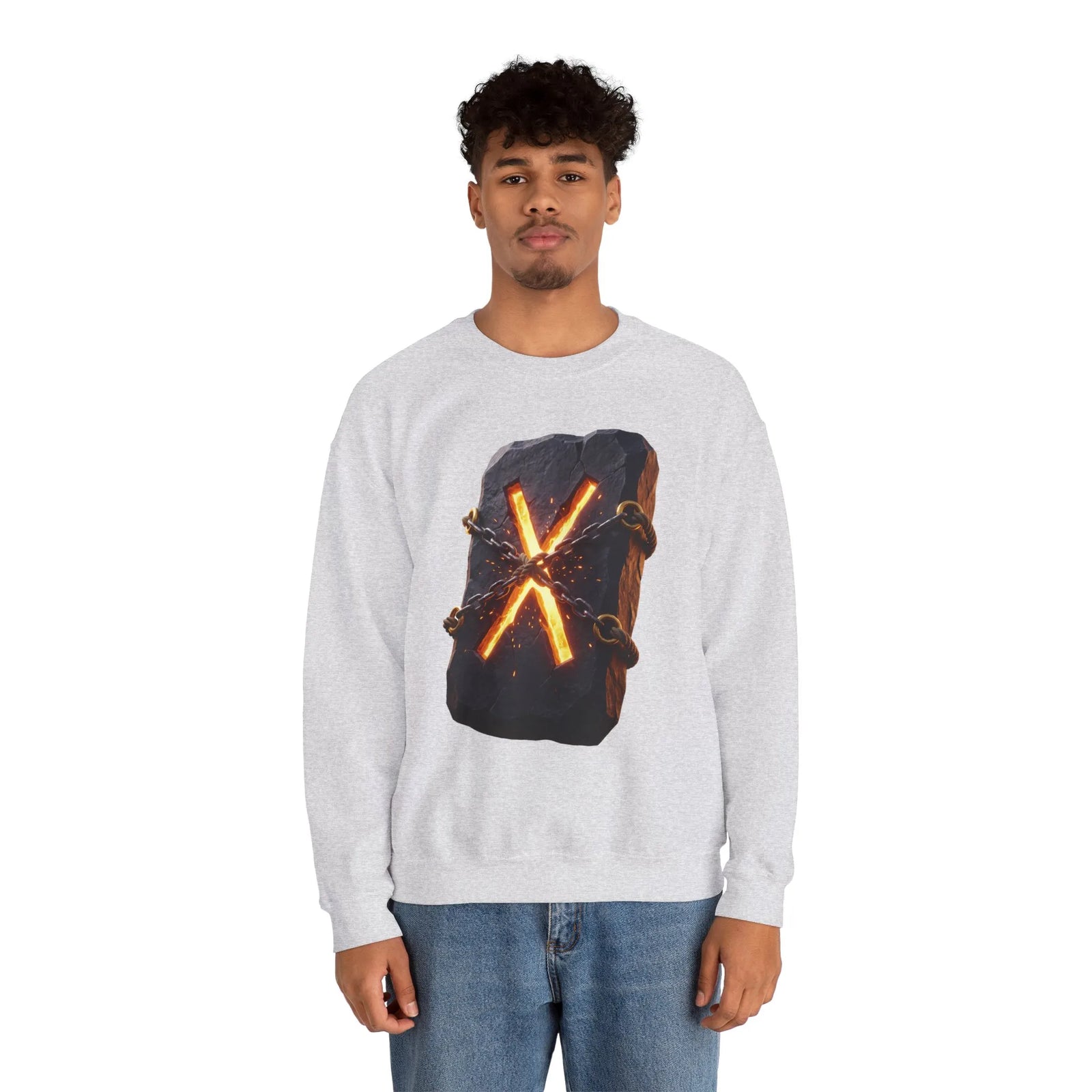 Gebo Rune Stone Graphic Sweatshirt - Medium Heavy Fleece Crewneck - Unisex White