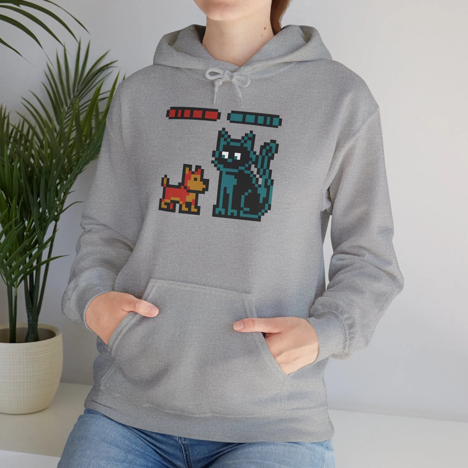 Boss Fight 8-Bit Pixel Gaming Dogs Hoodie - Medium Weight Cotton Blend Pullover - Unisex White