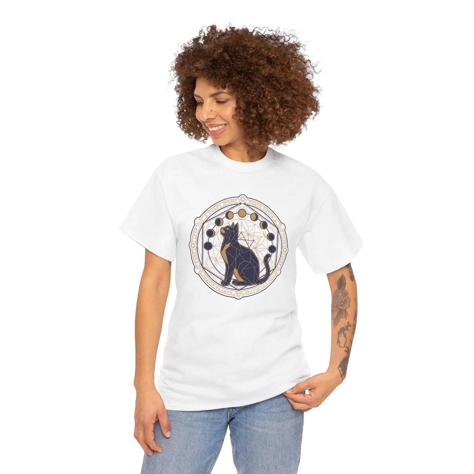 Moon Phases Sacred Geometry Cat Graphic T-Shirt - Heavy Cotton Classic Fit Tee - Unisex White