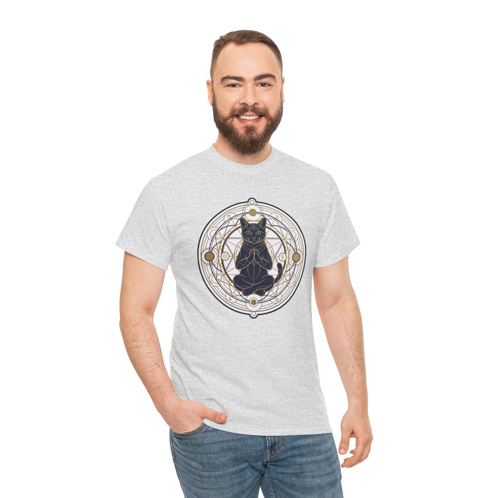Meditating Cat Sacred Geometry Alchemist T-Shirt - Heavy Cotton Classic Fit Tee - Unisex White
