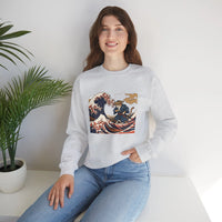 Ukiyo-e Samurai Cat Great Wave Sweatshirt - Heavy Blend Cotton Blend Crewneck - Unisex White