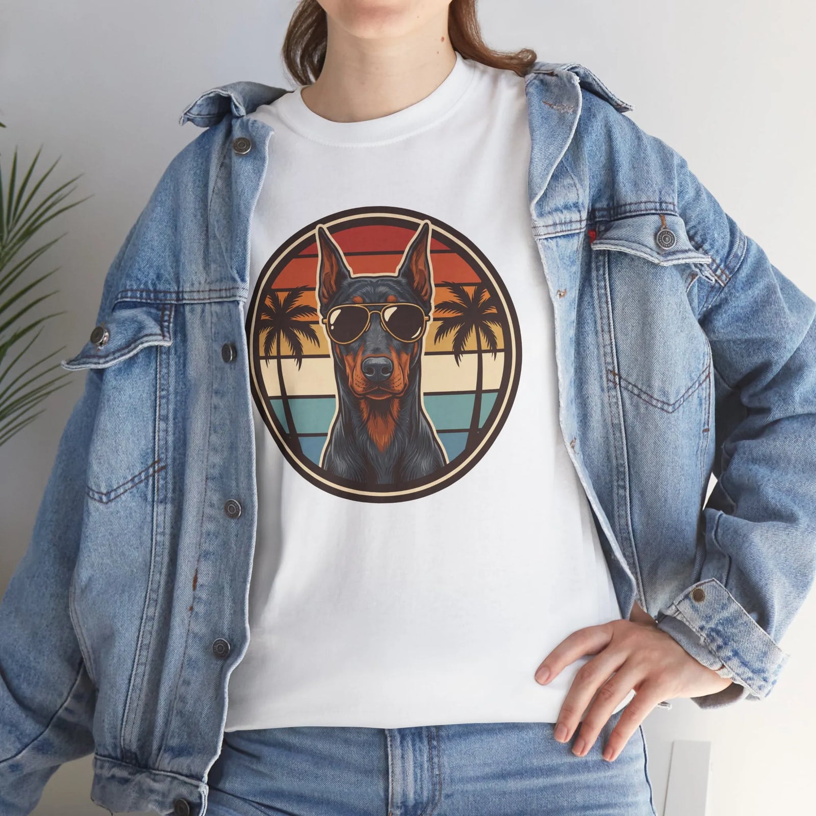 Doberman 70s Sunset Aviators T-Shirt - Heavy Cotton Classic Fit Tee - Unisex White