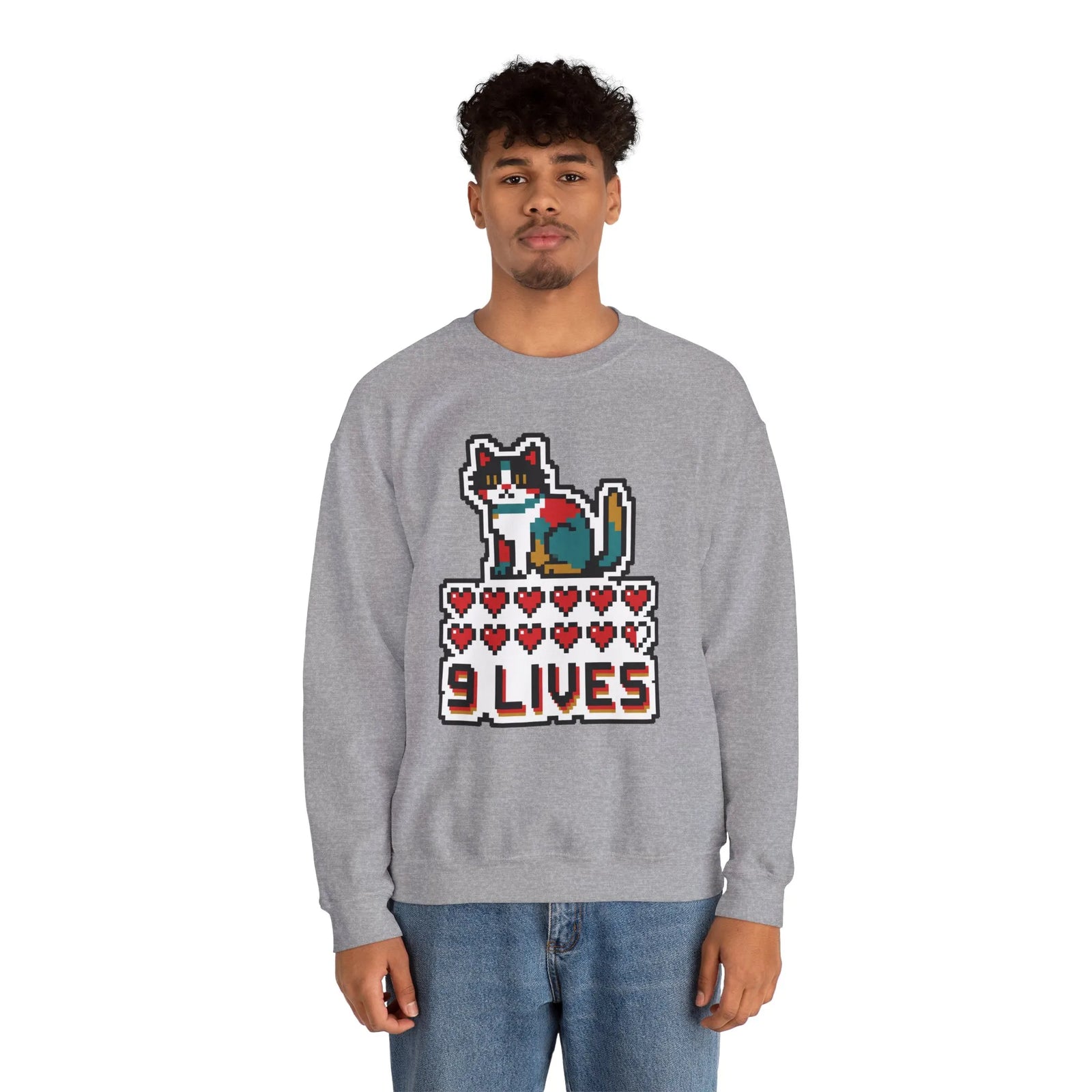 Nine Lives 8-Bit Pixel Gaming Cat Sweatshirt - Heavy Blend Fleece Crewneck - Unisex White