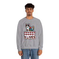 Nine Lives 8-Bit Pixel Gaming Cat Sweatshirt - Heavy Blend Fleece Crewneck - Unisex White