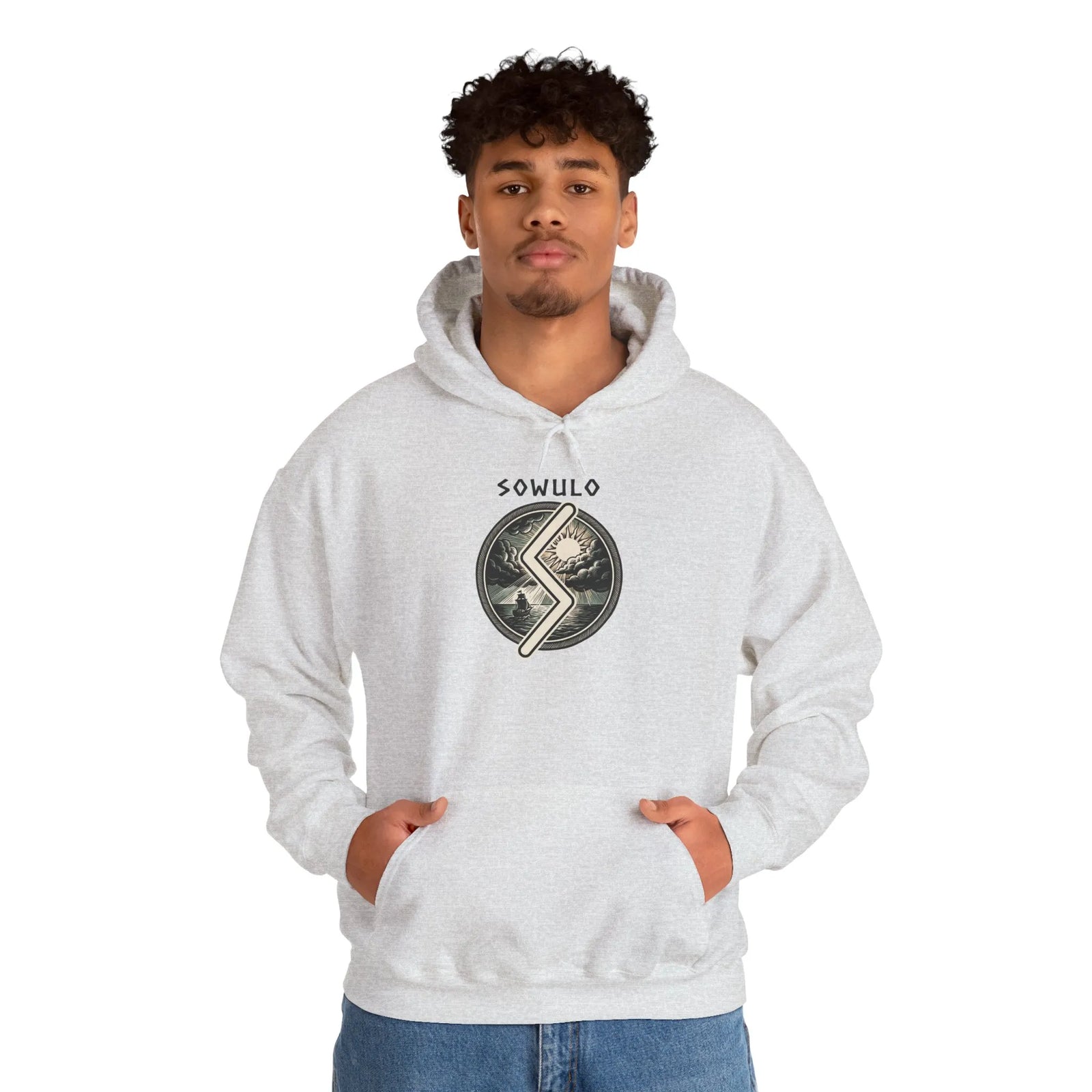 Sowulo Rune Sun Guidance Hoodie - Heavyweight Cotton Blend Pullover - Unisex White