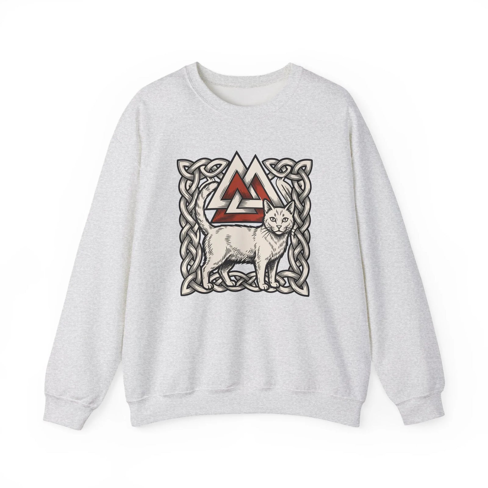 Valknut Cat Norse Mythology Sweatshirt - Heavy Blend Durable Fleece Crewneck - Unisex Off-White
