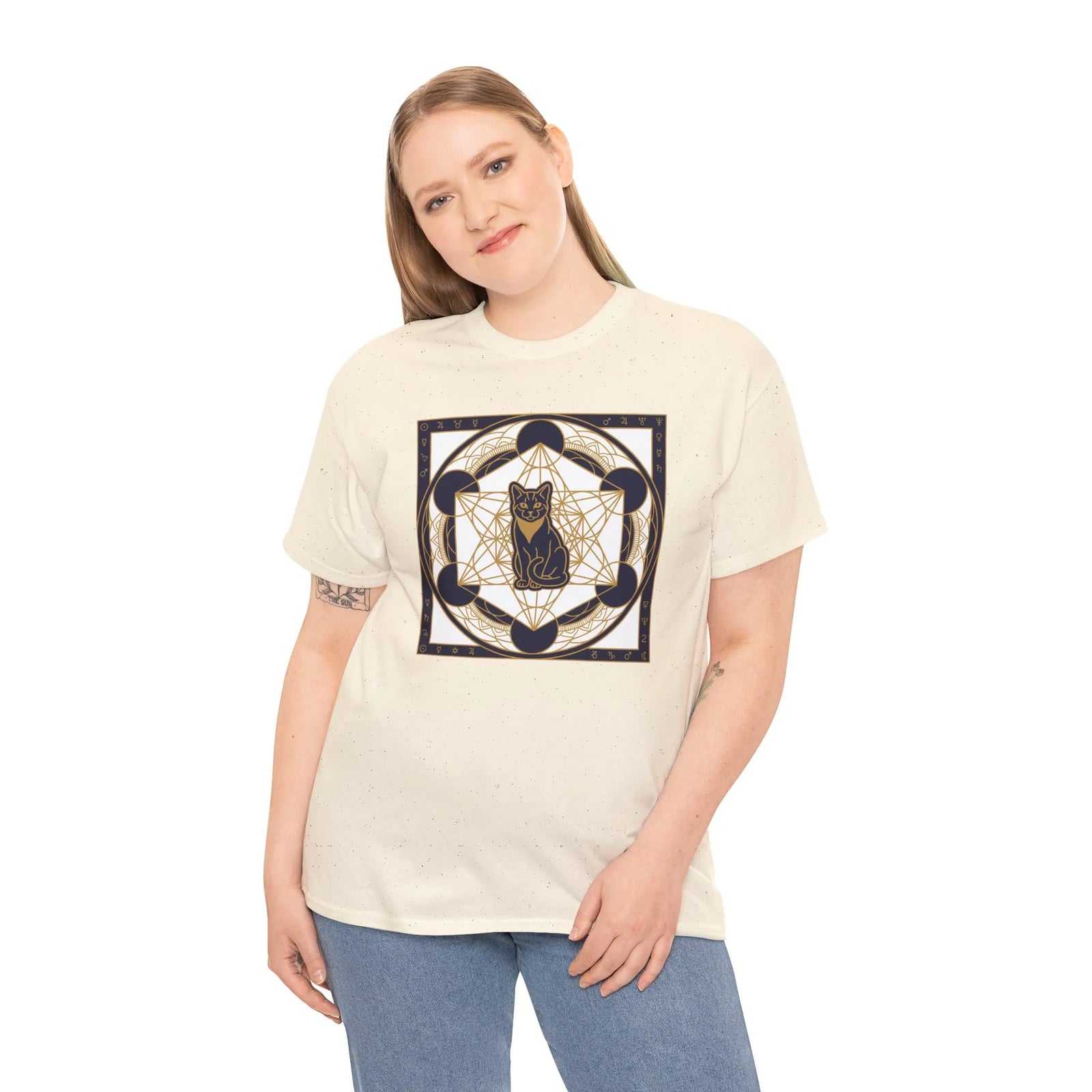Metatron's Cat Sacred Geometry T-Shirt - Heavyweight Cotton Classic Fit Tee - Unisex White