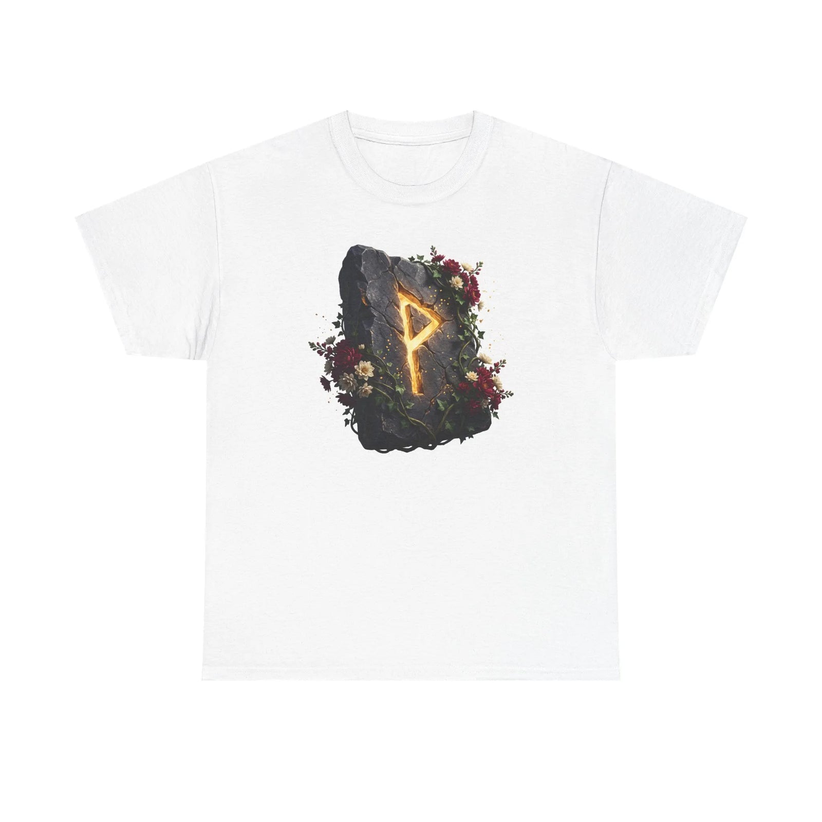 Wunjo Rune Floral T-Shirt - Heavy Cotton Classic Fit Tee - Unisex White