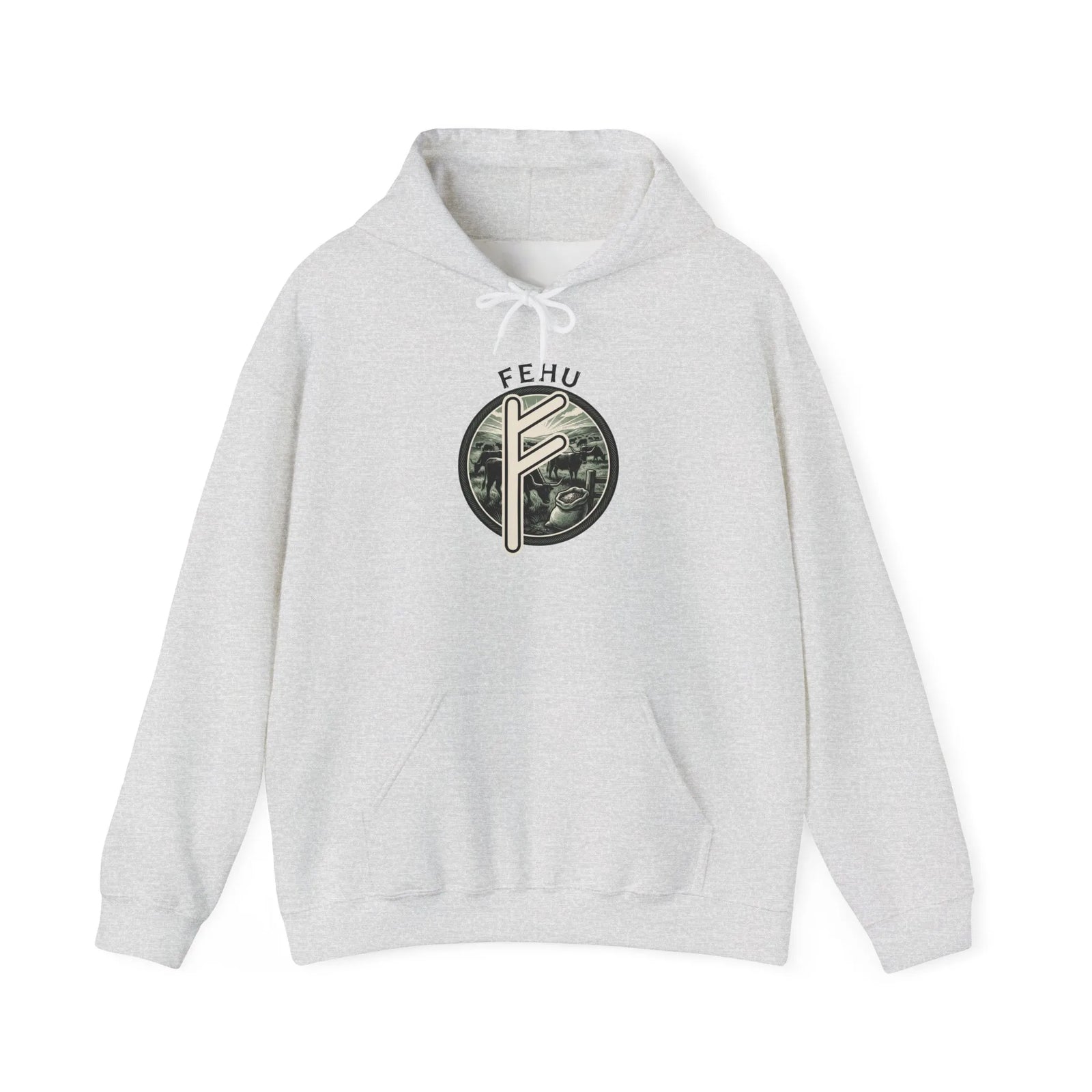 Fehu Runic Wealth Symbol Hoodie - Soft Cotton-Poly Blend Pullover - Unisex White