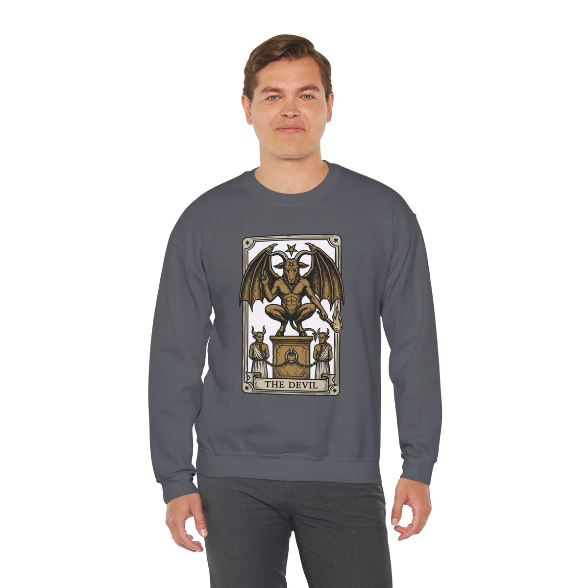 Devil Tarot Card Graphic Sweatshirt - Heavy Blend Fleece Crewneck - Unisex White