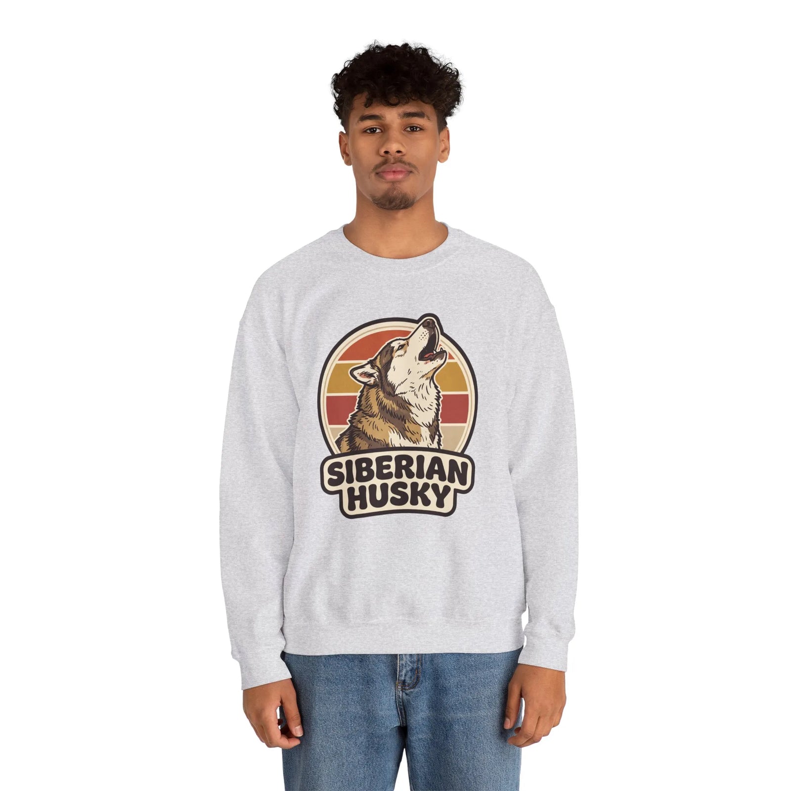 Siberian Husky Retro Sunset Sweatshirt - Heavy Blend Fleece Crewneck - Unisex White