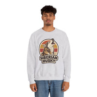 Siberian Husky Retro Sunset Sweatshirt - Heavy Blend Fleece Crewneck - Unisex White