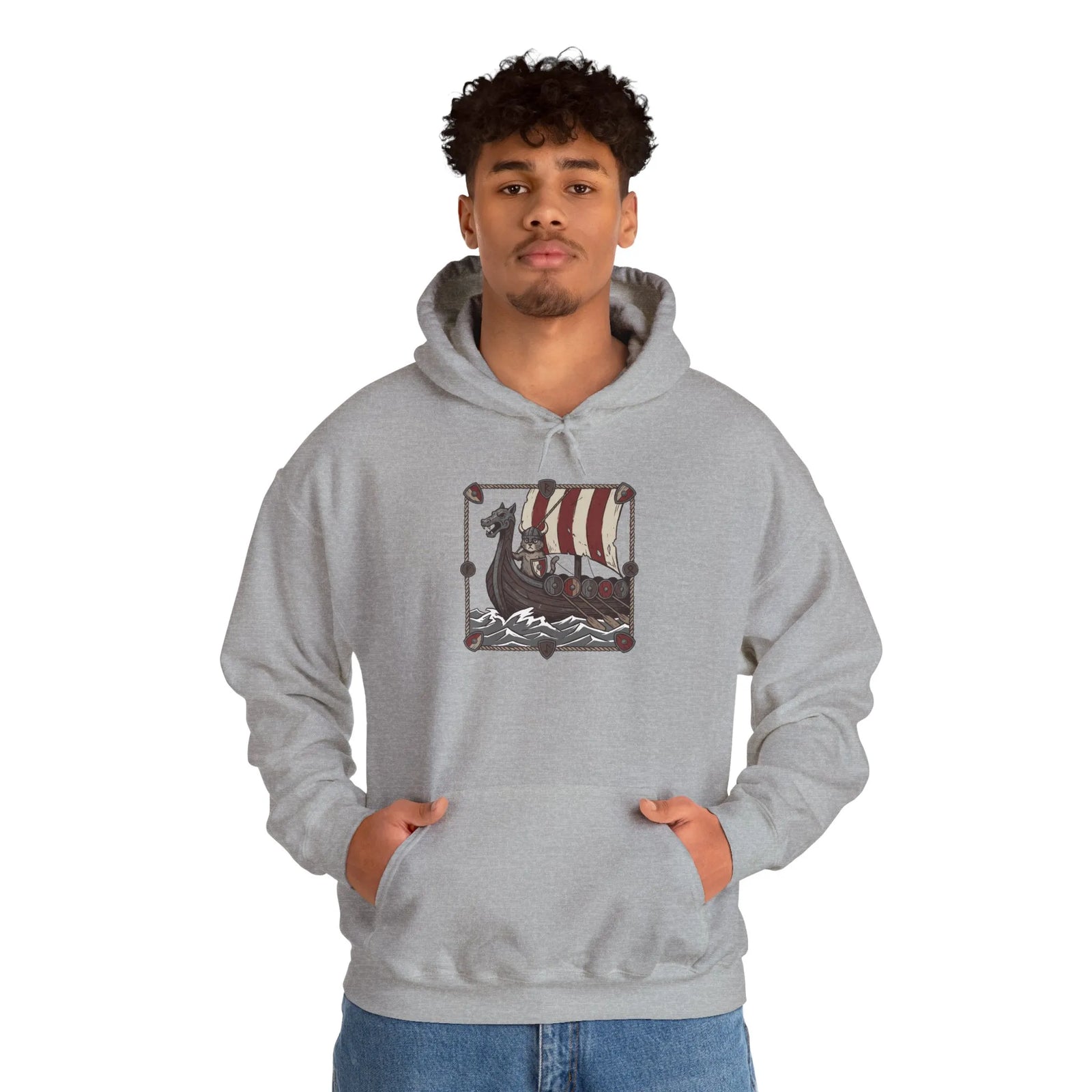 Viking Berserker Cats Longship Hoodie - Warm Cotton-Poly Fleece Pullover - Unisex White