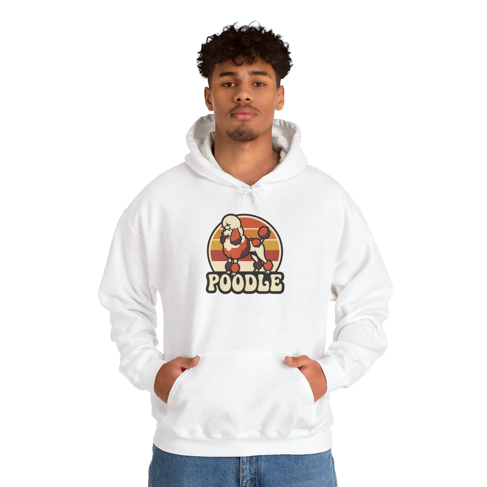 Retro 70s Sunset Poodle Hoodie - Cozy Cotton Blend Pullover - Unisex White