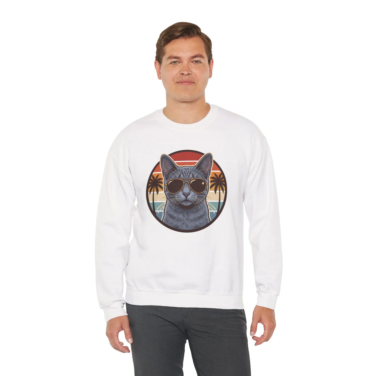 Russian Blue Cat Aviator Sunglasses Sweatshirt - Heavy Blend Fleece Crewneck - Unisex White
