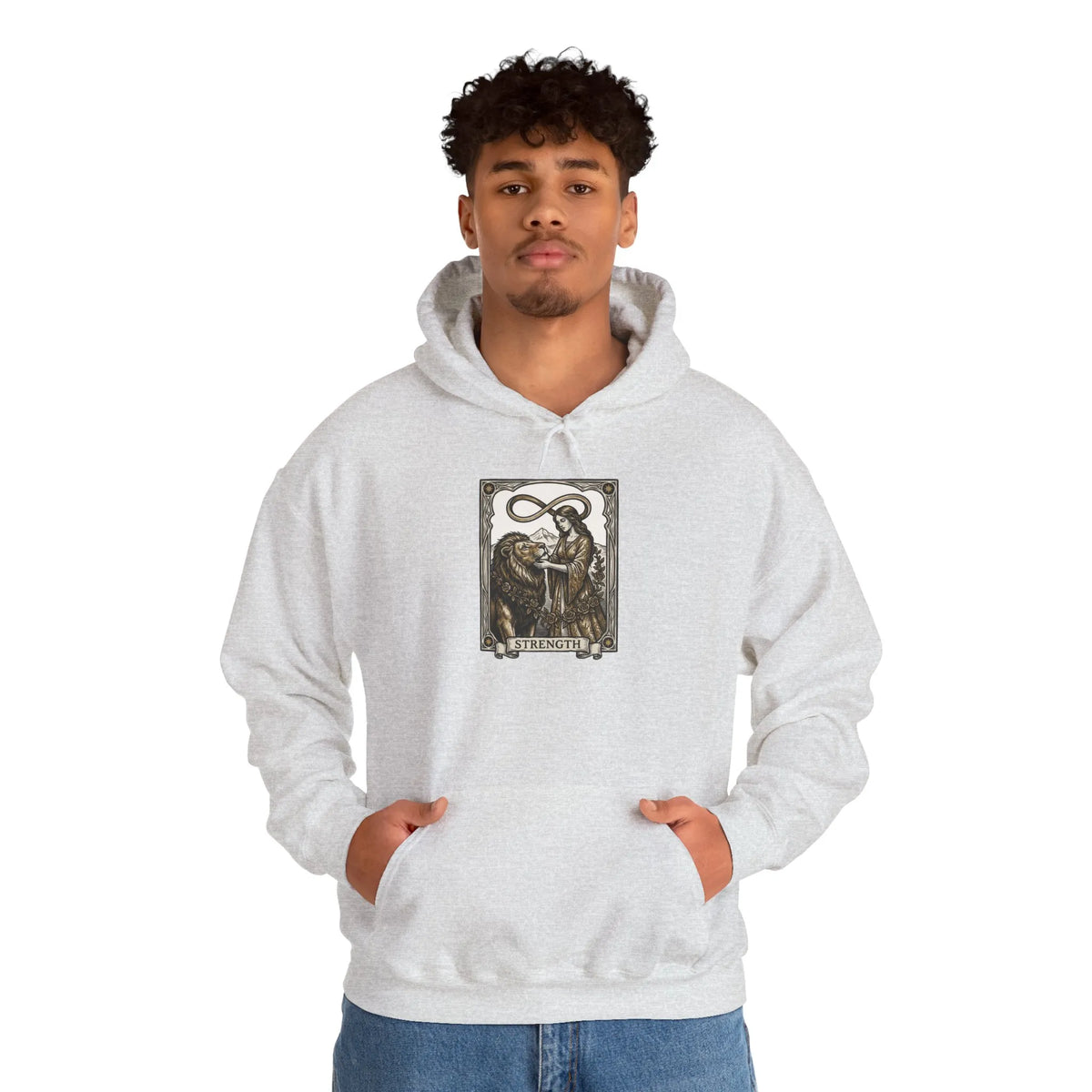 Strength Tarot Card Graphic Hoodie - Heavy Blend Fleece Pullover - Unisex White