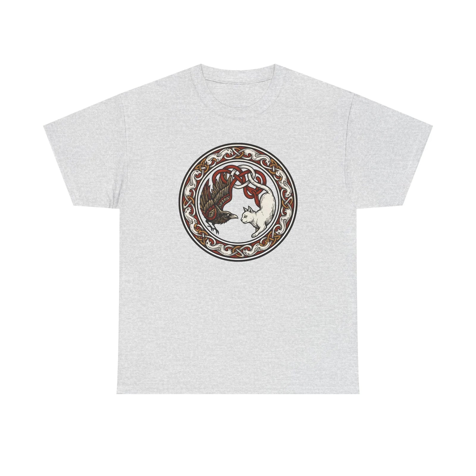 Norse Cat & Raven Woodcut T-Shirt - Heavy Cotton Classic Fit Tee - Unisex White