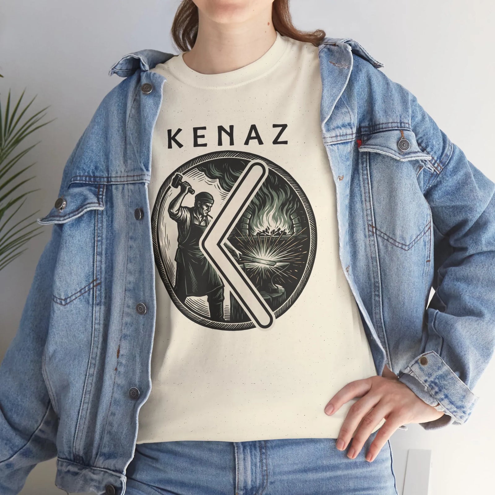 Kenaz Rune Forge Blacksmith T-Shirt - Heavyweight 100% Cotton Classic Fit Tee - Unisex White