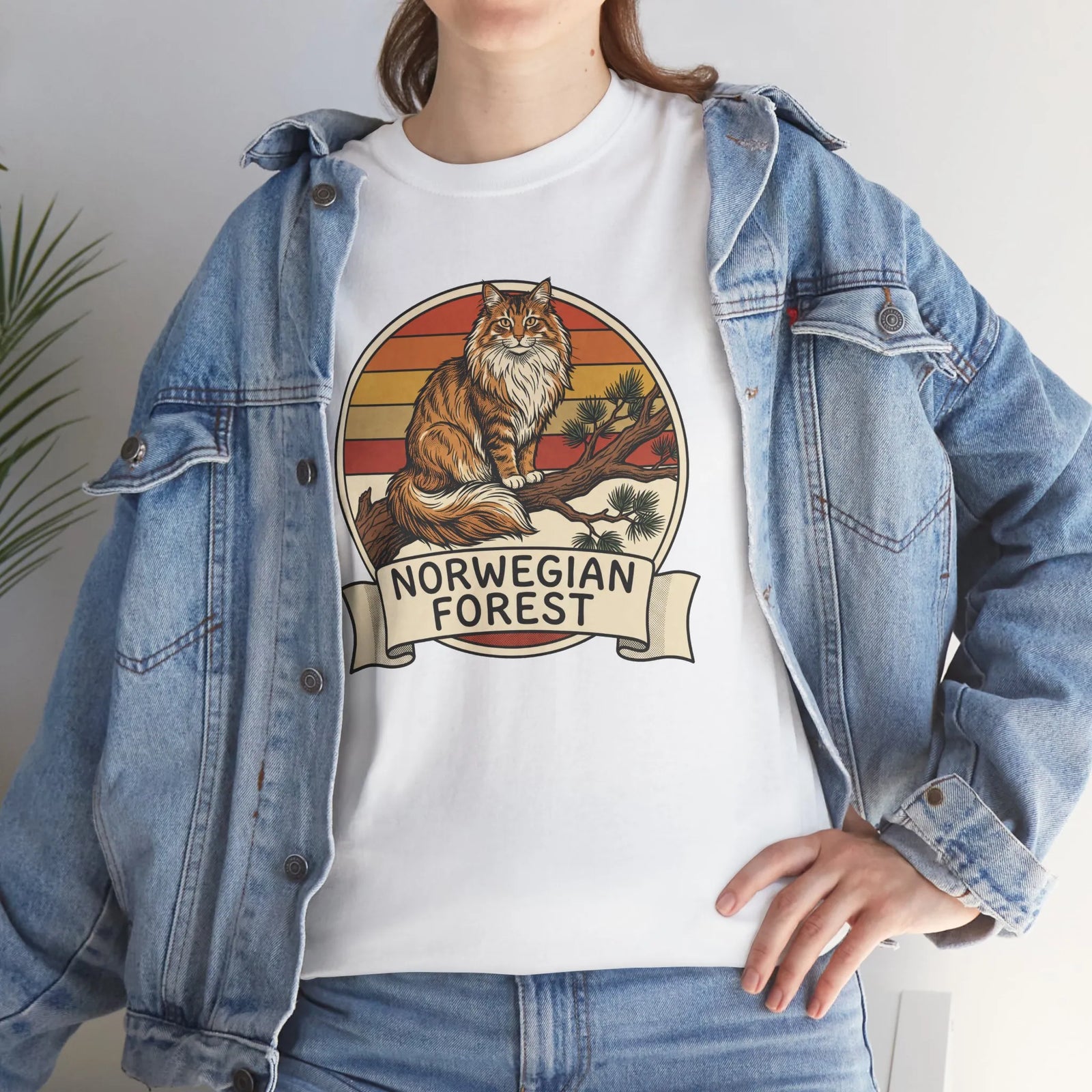 Norwegian Forest Cat Retro Sunset T-Shirt - Heavy Cotton Classic Fit Tee - Unisex White