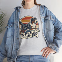 Australian Shepherd Retro 70s Sunset T-Shirt - Heavy Cotton Classic Fit Tee - Unisex White