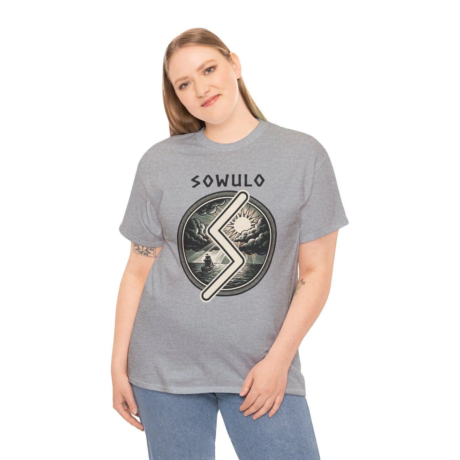 Sowulo Rune Sun & Sea Graphic T-Shirt - Heavy Cotton Classic Fit Tee - Unisex White